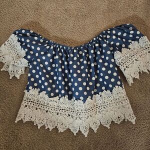 Love J. Blue Polka Dot Off the Shoulder Cropped Short Sleeve Blouse Lace Trim L